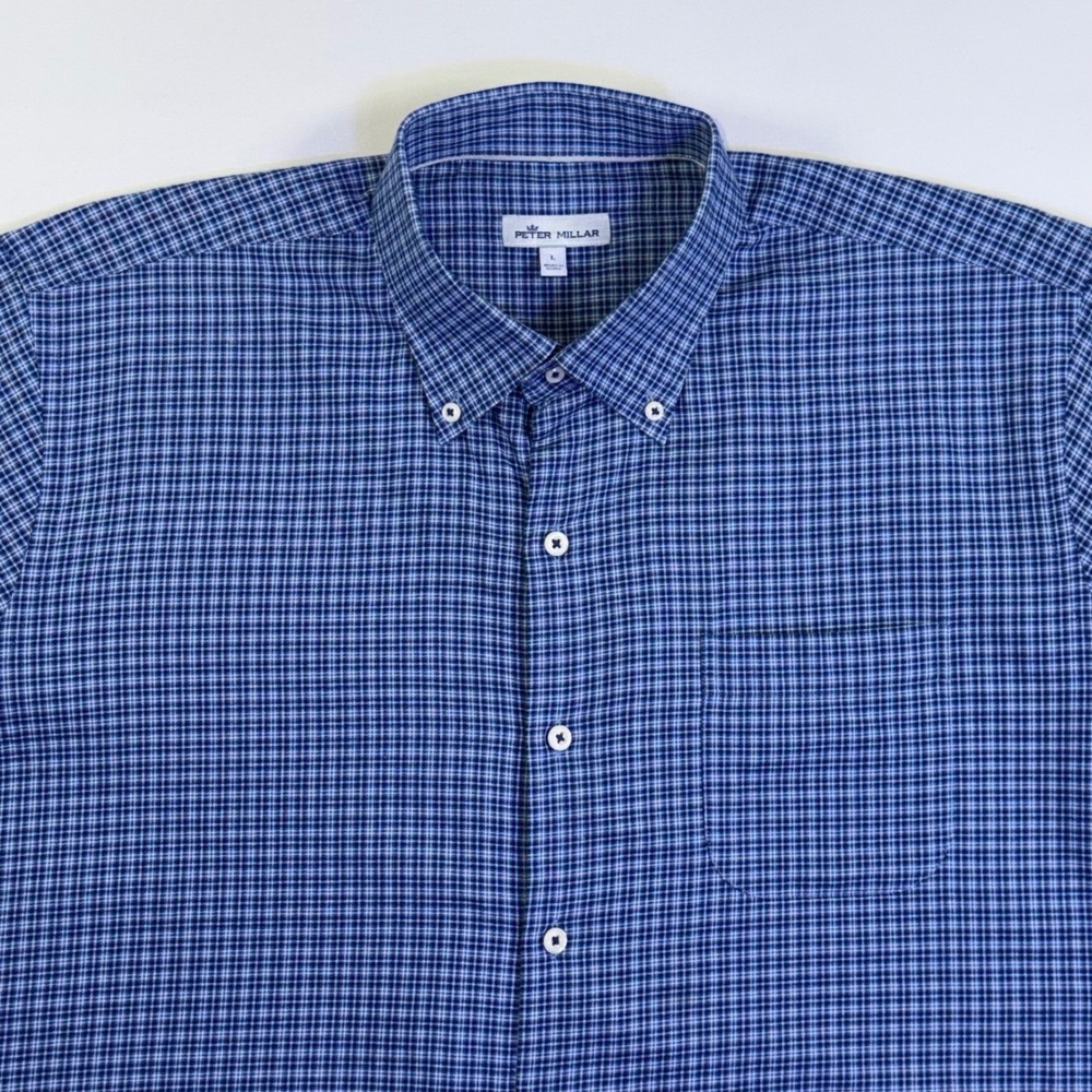 Peter Millar Mens Blue Micro Check Cashmere Blend Button Down Shirt Large - Picture 4 of 13